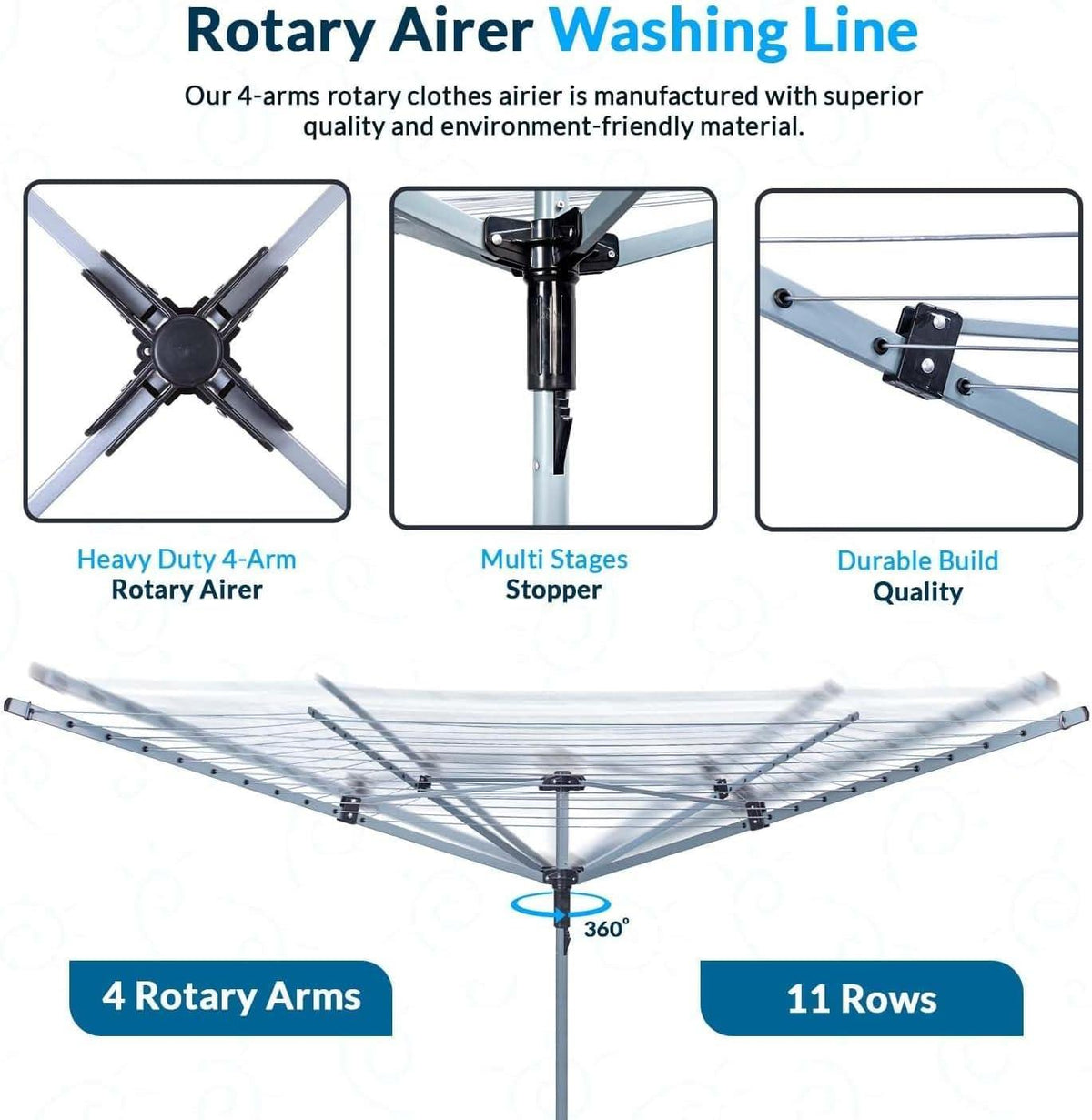 60m 4-Arm Rotary Airer Washing Line with Cover and Metal Ground Spike – Heavy Duty Steel
