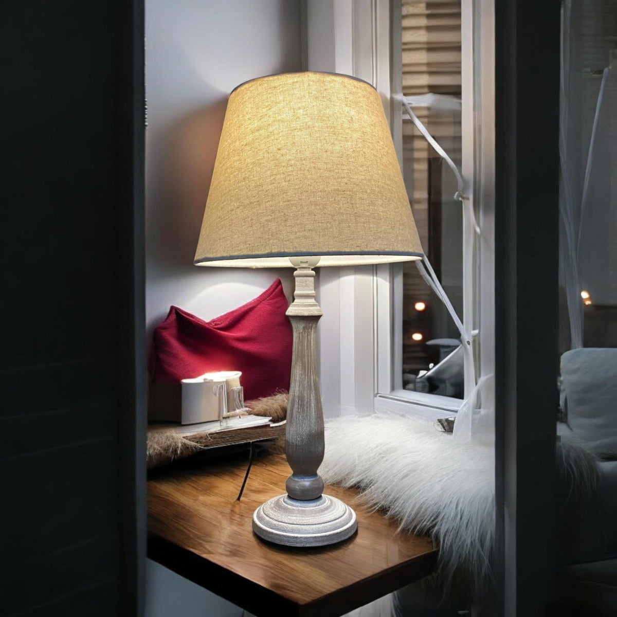 AcaciaHome Tall Wooden Washed Table Lamp, 45cm – Taupe Linen Shade, Shabby Chic for Bedroom or Living Room