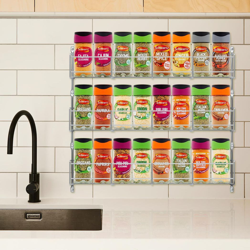 Vinsani 3 Tier Herb & Spice Rack with Chrome Finish, Holds 24 Jars – Wall or Cupboard Door Mounted