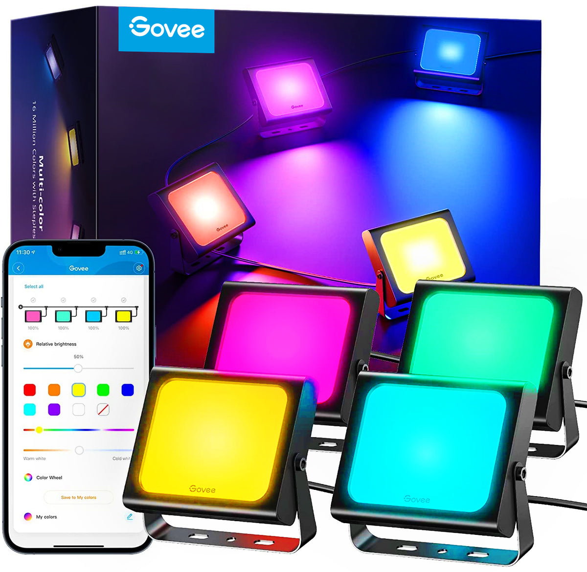 GOVEE RGBICWW Smart LED Flood Lights, 4-Pack – 16 Million Colours, App & Alexa Control