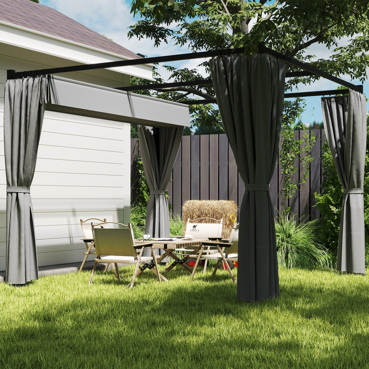 Outsunny 3x3m Retractable Pergola with PU Canopy & Privacy Curtains – Metal Frame Garden Shade, Light Grey