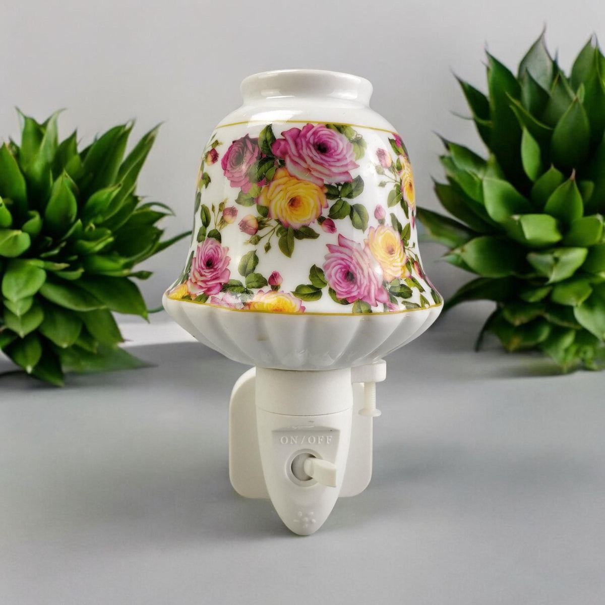 Ceramic Plug-In LED Night Light with Colourful Floral Design – Decorative Bedroom and Hallway Light, Pink Flowers