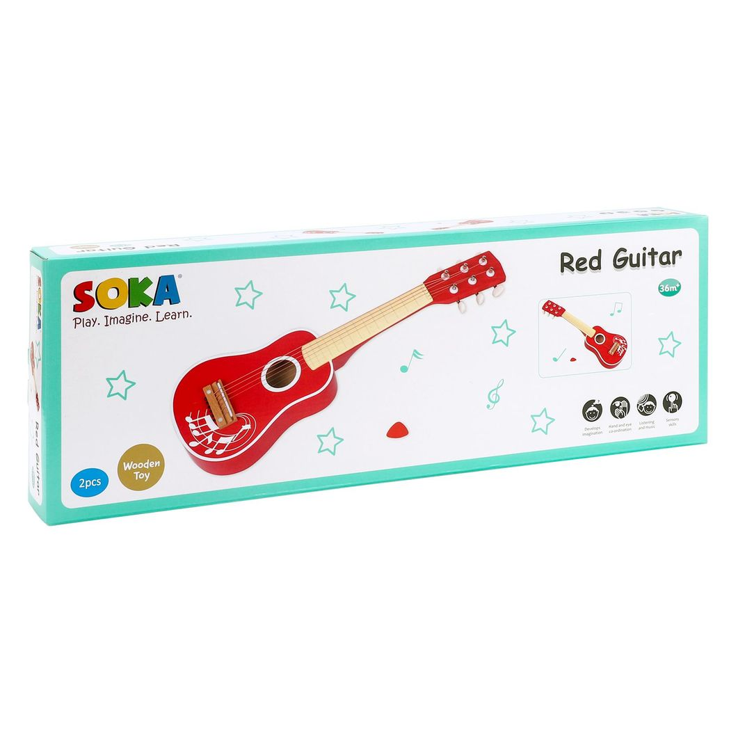 SOKA Wooden Toy Acoustic Guitar with 6 Strings – Kids Musical Instrument, Role Play & Music Learning, Red
