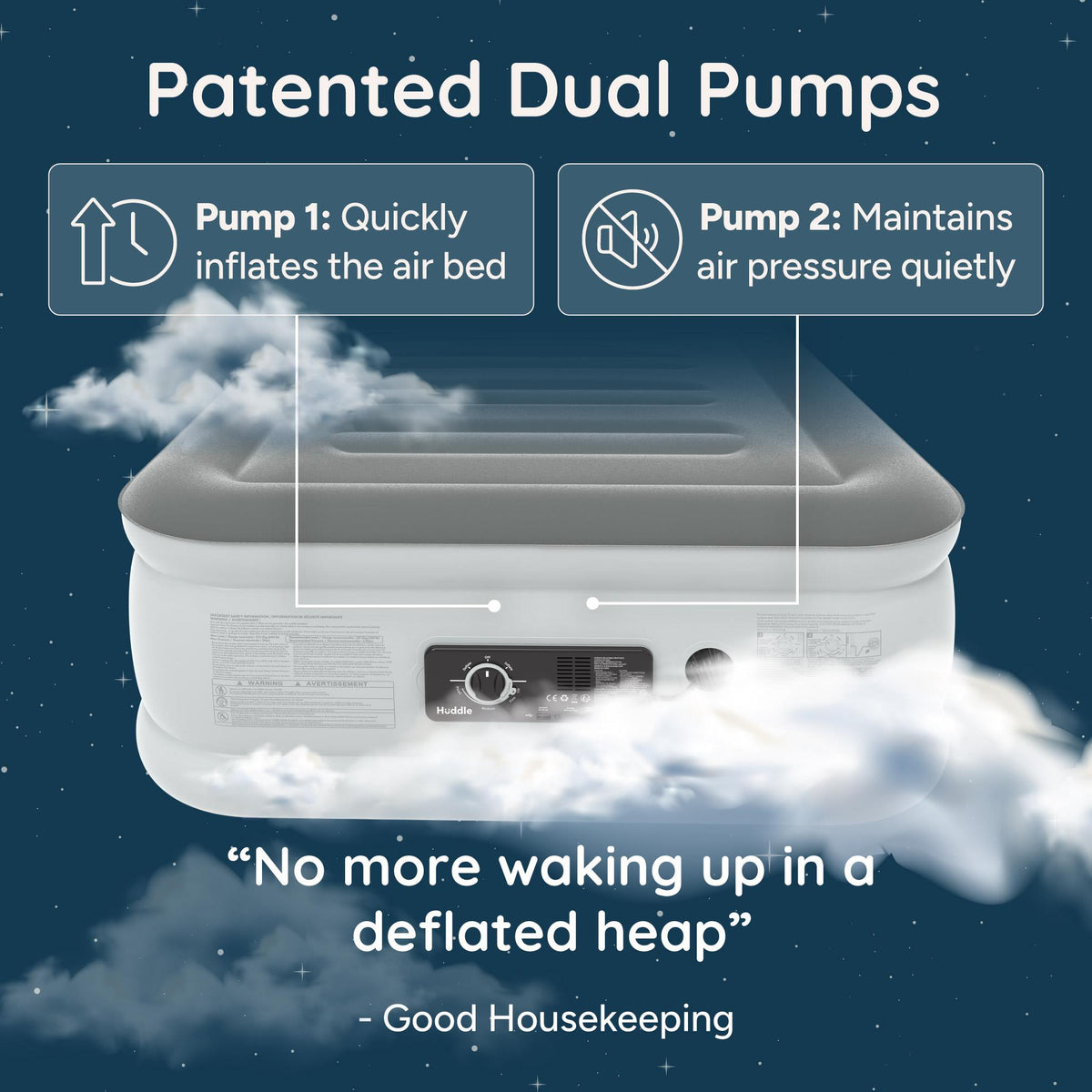 Huddle Never Deflate Air Bed with Dual-Action Pump, Comfort Dial & Nightlight – Single
