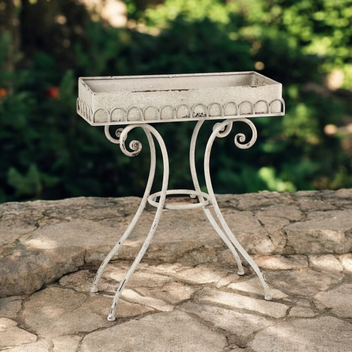 AcaciaHome Metal Oblong Plant Pot Table Frame, 65cm – Patina Finish Garden Stand for Indoor and Outdoor Use, Cream