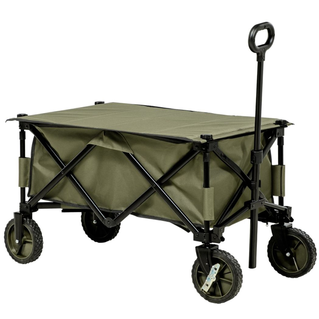 Folding Garden Cart with 4 Braked Wheels, Adjustable Handle & Top Cover – 125L Trolley for Camping & Gardening, Green