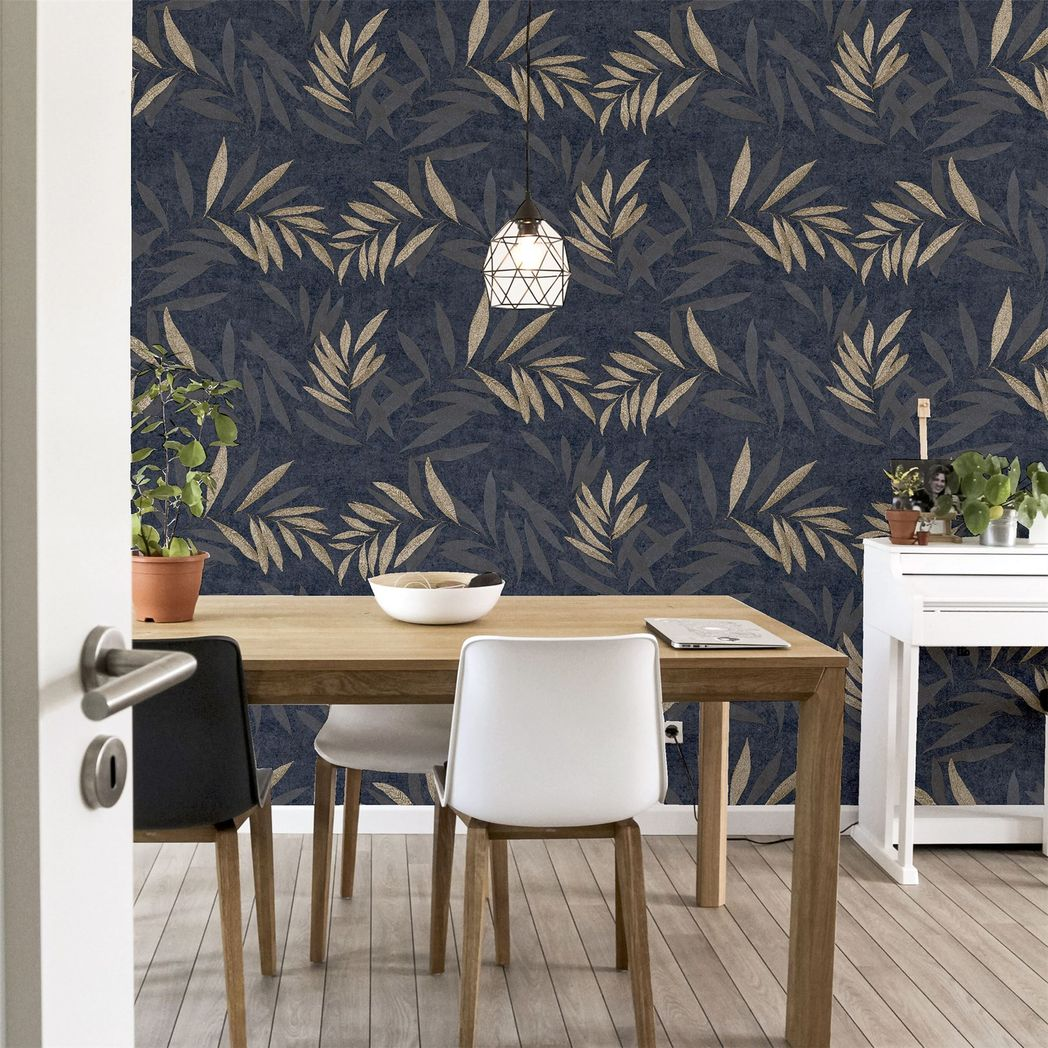 Arthouse Luxury Leaf Heavyweight Vinyl Wallpaper with Champagne Metallic Leaves – Paste the Paper, Navy