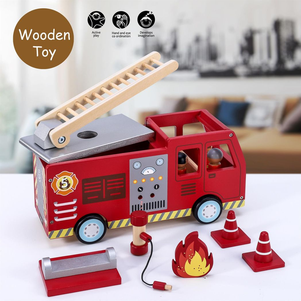 SOKA Wooden Fire Engine Playset with Extending Ladder, 4 Firefighter Figures & Hose – Kids Role Play Toy
