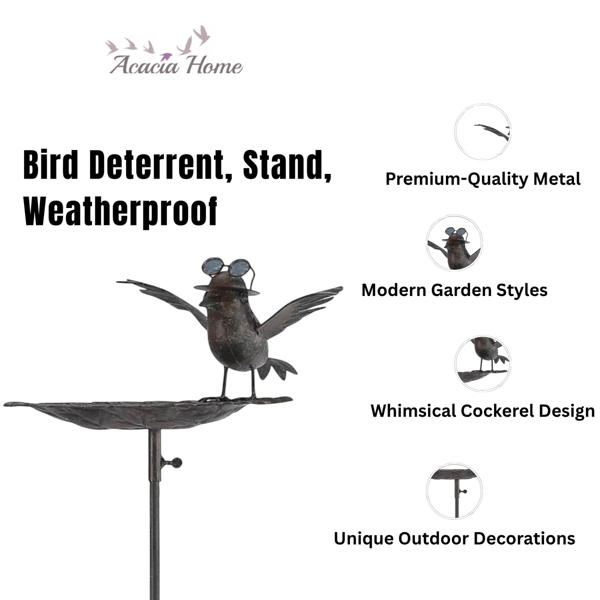 Metal Bird Feeder Birdbath Spinner Garden Stake – Decorative Outdoor Art with Rocking Motion, Black, 50" Metal Bird