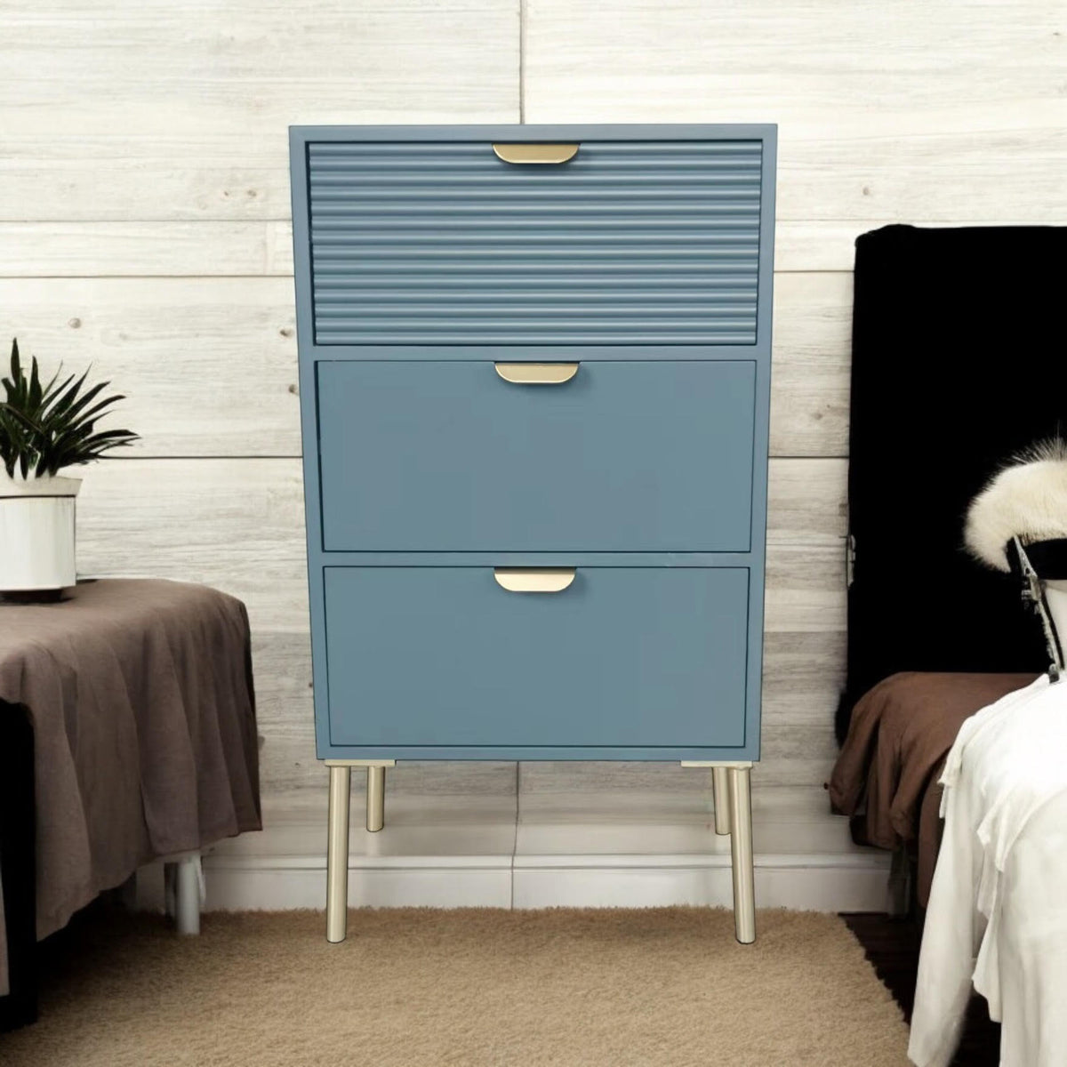 AcaciaHome Wooden 3 Drawer Chest with Solid Pine Top & Metal Handles – Compact Bedroom Storage, Blue