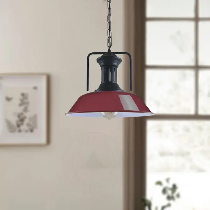 Vintage Industrial Burgundy Pendant Light with 36cm Bowl Metal Shade – Hanging Lamp for Kitchen & Dining