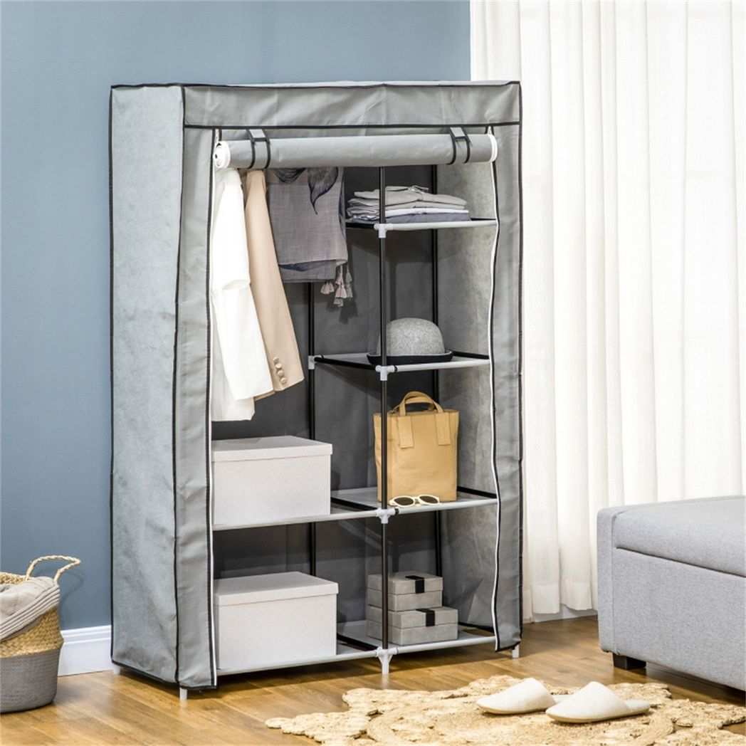 Chester Fabric Wardrobe with Hanging Rail, 6 Shelves and Roll-Up Door – Steel Frame Clothes Storage, Light Grey