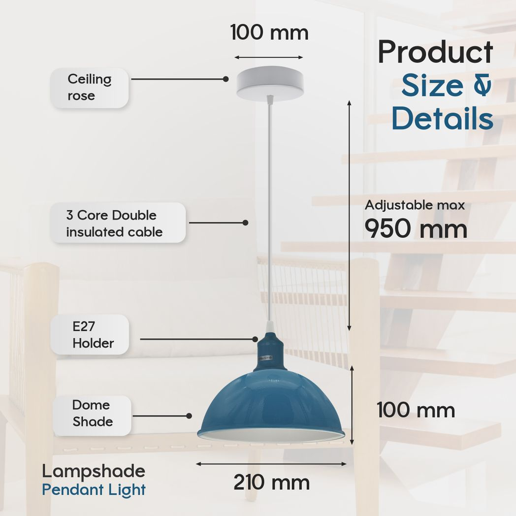 Cyan Blue Dome Metal Pendant Shades, 21cm – 2 Pack