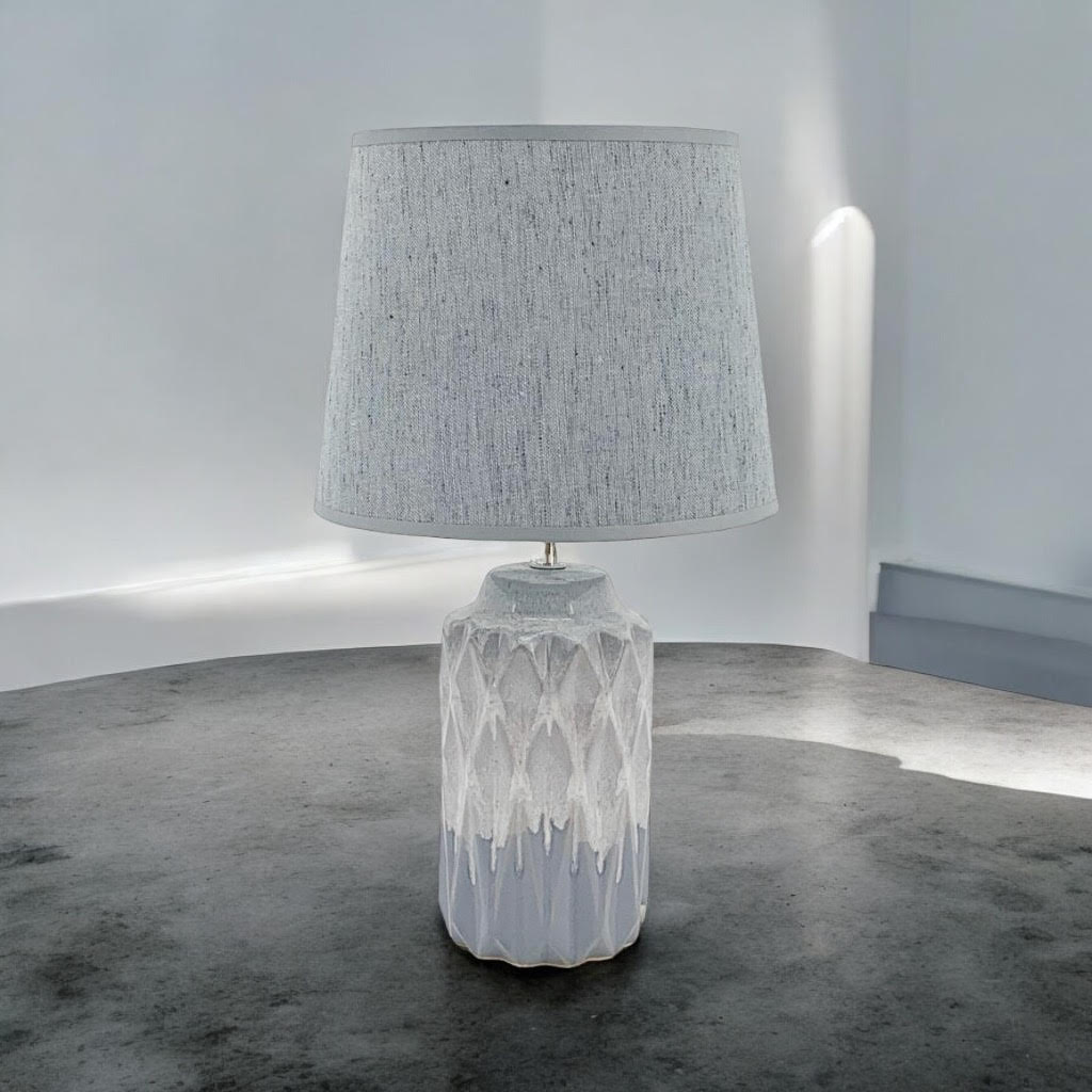 AcaciaHome Grey Two-Tone Ceramic Table Lamp with Drum Shade – 40cm Bedside & Desk Lighting