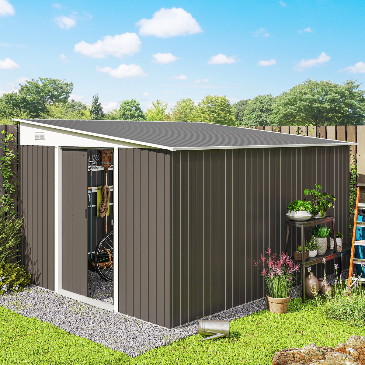 Outsunny 11.3 x 9.2ft Galvanised Steel Garden Shed with Double Doors & Vents – Heavy-Duty Storage, Grey