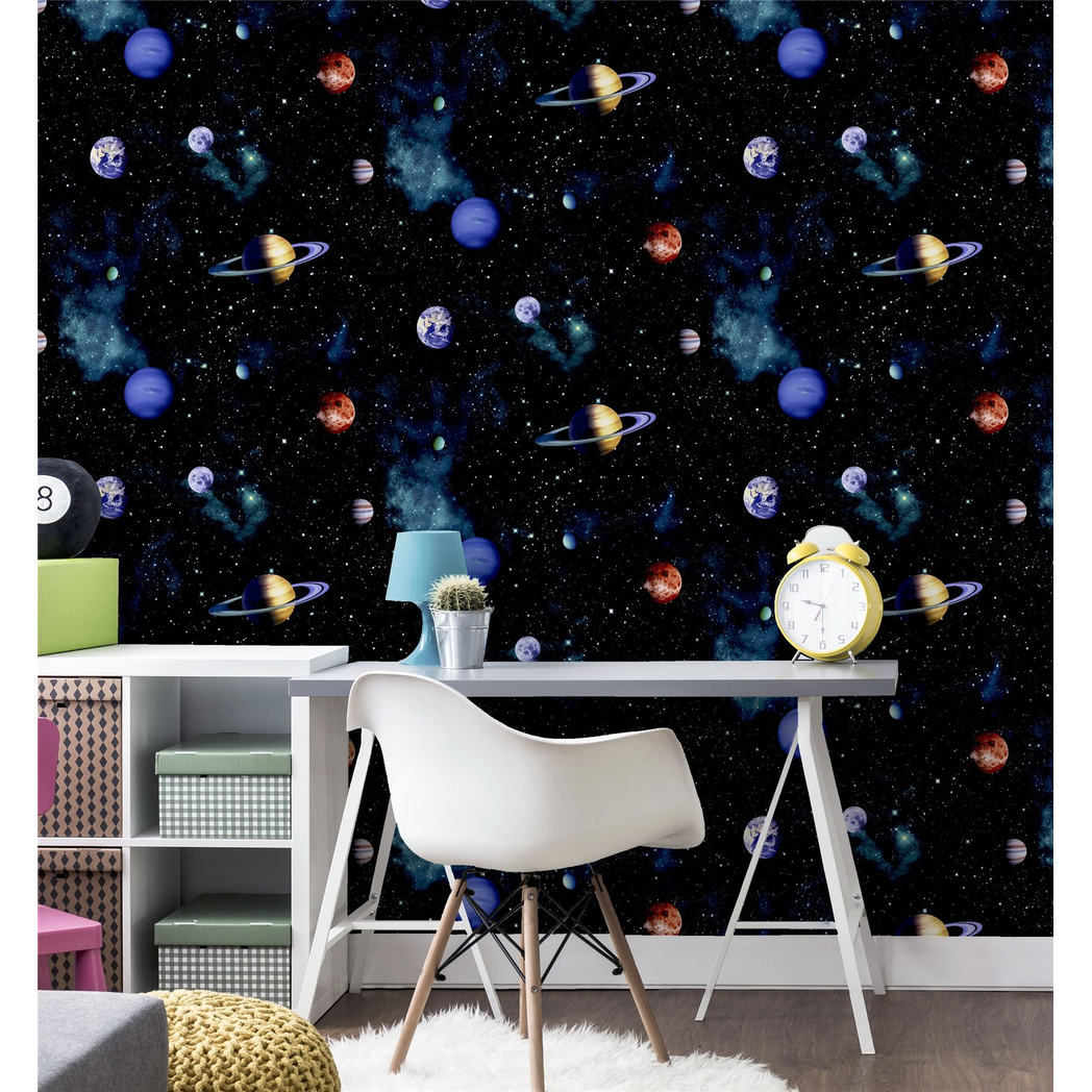 Arthouse Cosmos Space Wallpaper with Planets & Stars – 3D Photographic Effect Kids Room Covering, Charcoal