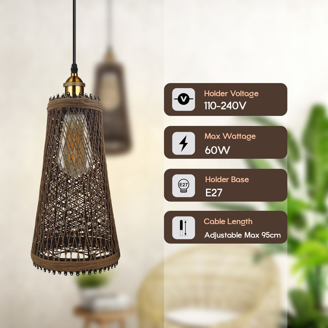 LEDSone Natural Rattan Wicker Pendant Light Shade, 30 x 17cm – Vintage Style Ceiling Light for Kitchen, Dining & Living Room