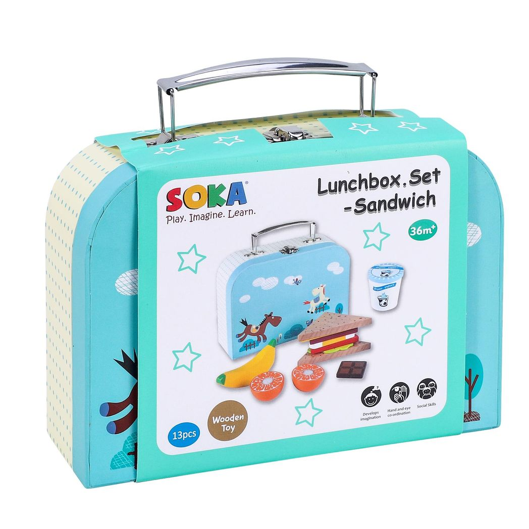 SOKA Wooden Sandwich Lunchbox Pretend Play Food Set for Kids – Toy Picnic Set with Fruit, Bread & Snacks