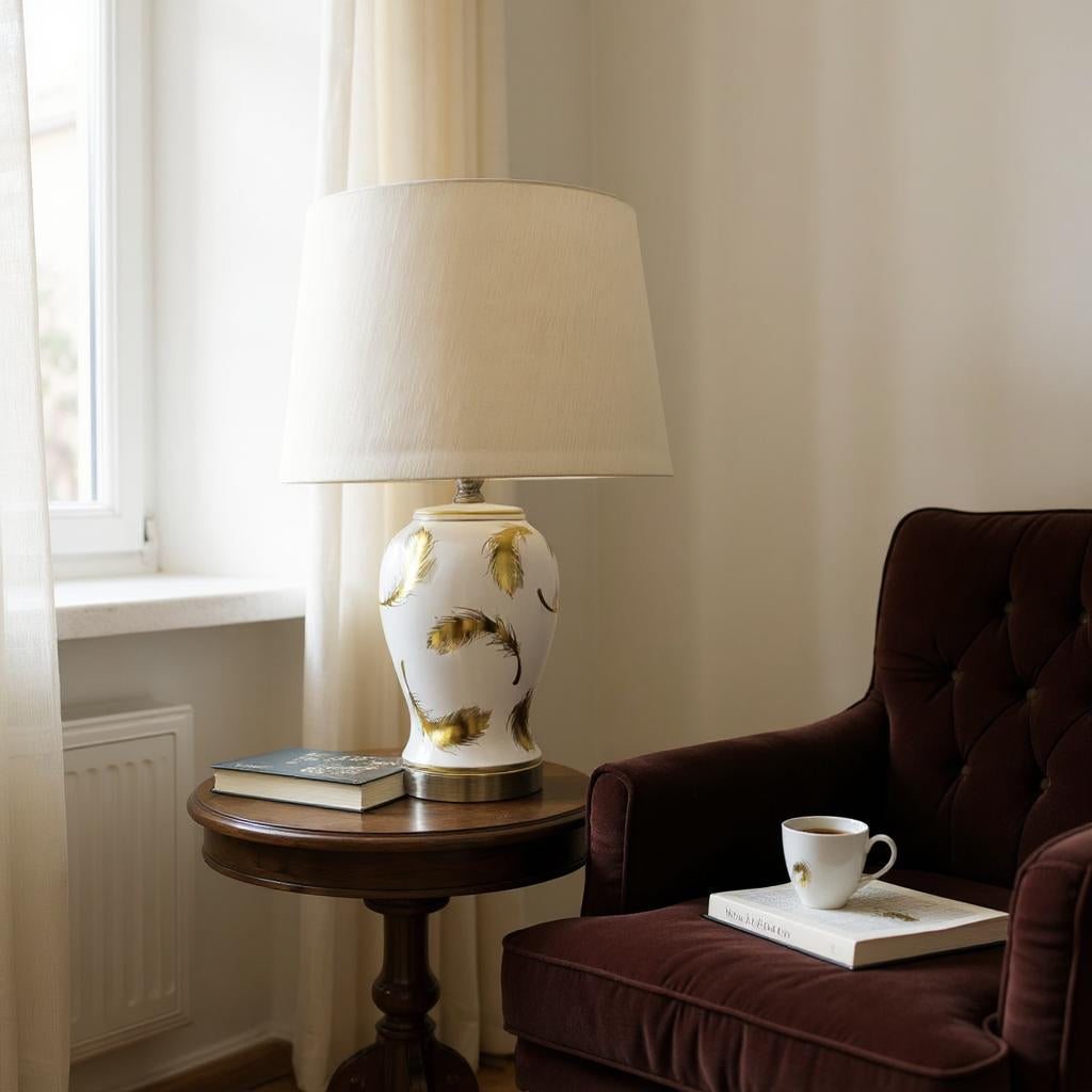 AcaciaHome Cream Ceramic Table Lamp with Drum Shade – Durable Striped Design, Handmade Shade