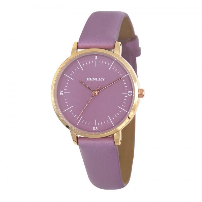 Henley Ladies Minimalist Watch, Polished Round Silver-Tone Case, Lavender Leather Strap