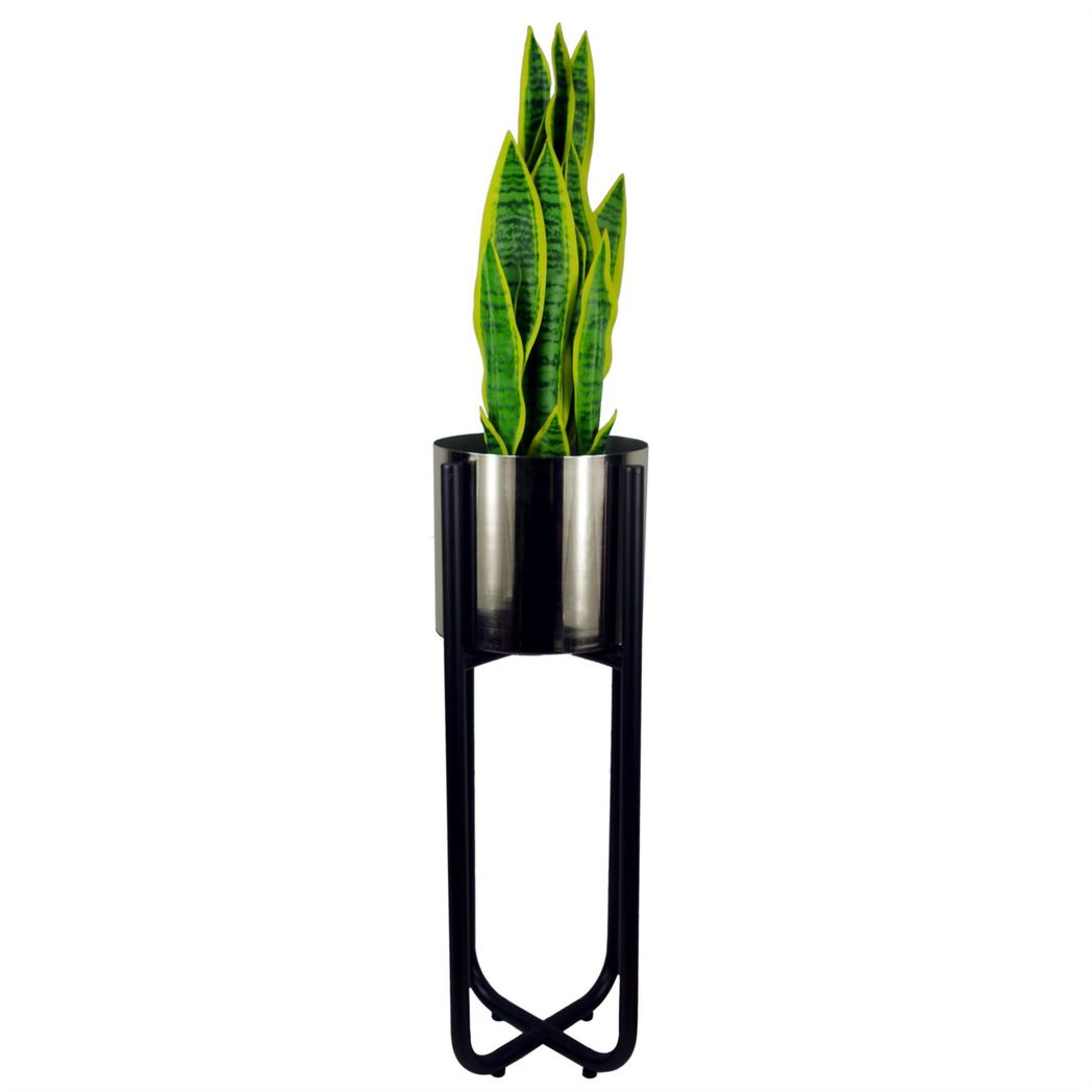 Tall Black Plant Stand with Silver Metal Planter – 62cm Indoor Planter Stand, Adjustable Feet