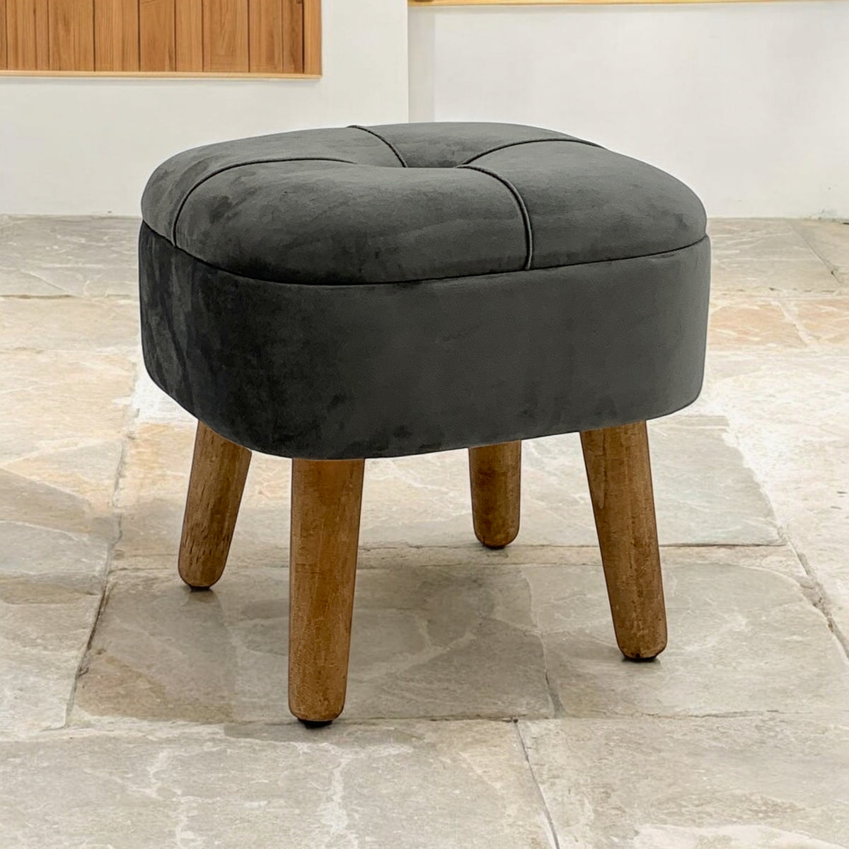 AcaciaHome Round Velvet Ottoman Footstool with Lift-Up Storage – Traditional Pattern for Living Room or Office, Grey