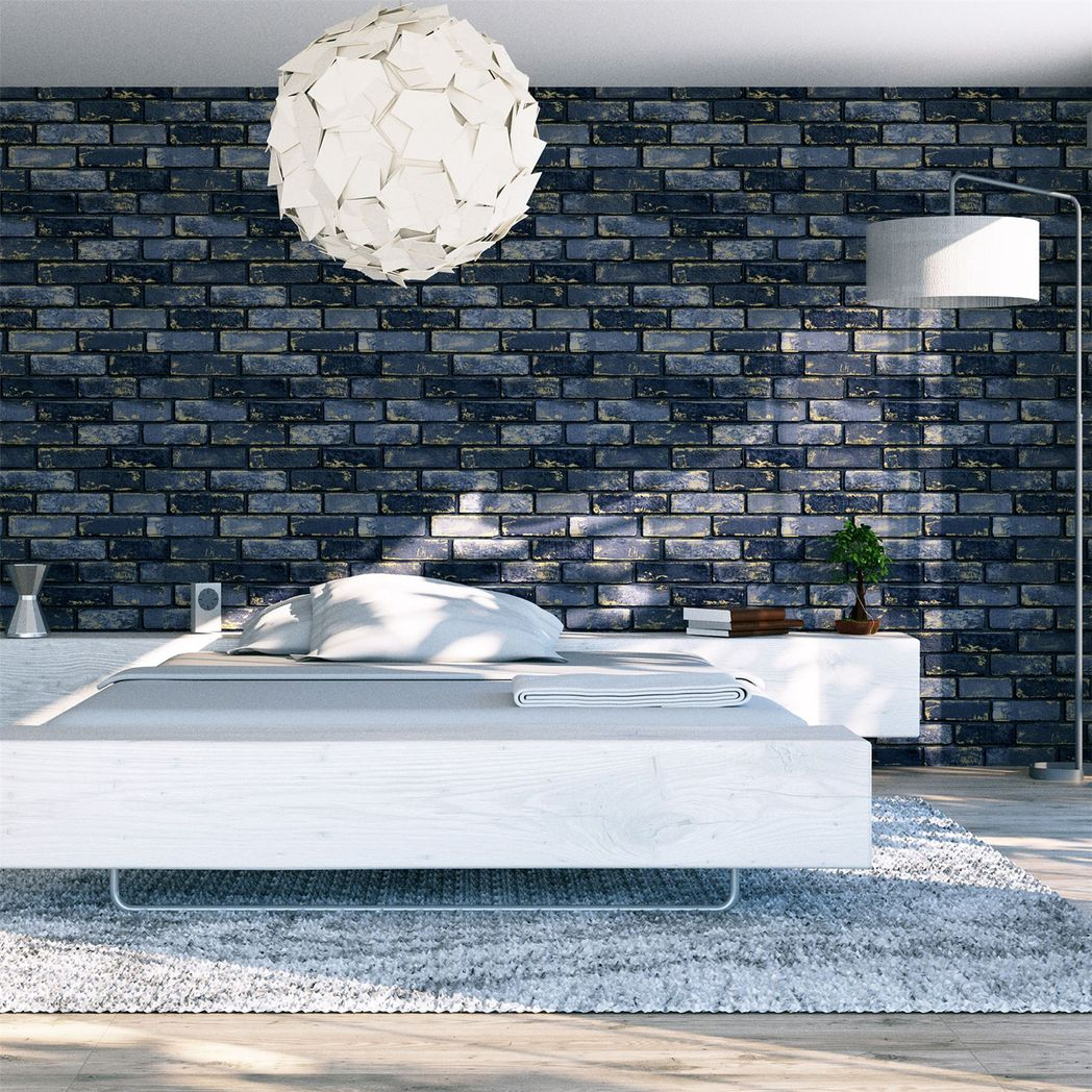 Arthouse Metallic Brick Wallpaper with Gold Highlights – Paste the Paper Feature Wall Covering, Navy and Gold