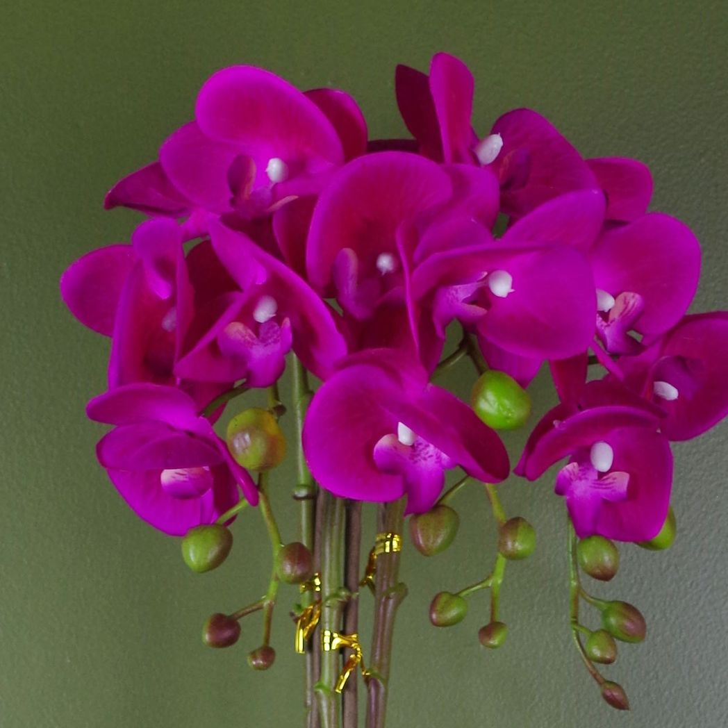 Leaf 52cm Large Artificial Orchid with 15 Real Touch Flowers – Silver Shiny Pot, Dark Pink