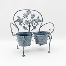 AcaciaHome Double Bench Plant Stand – 2 Pot Weatherproof Metal Flower Display Rack, Indoor/Outdoor, Grey