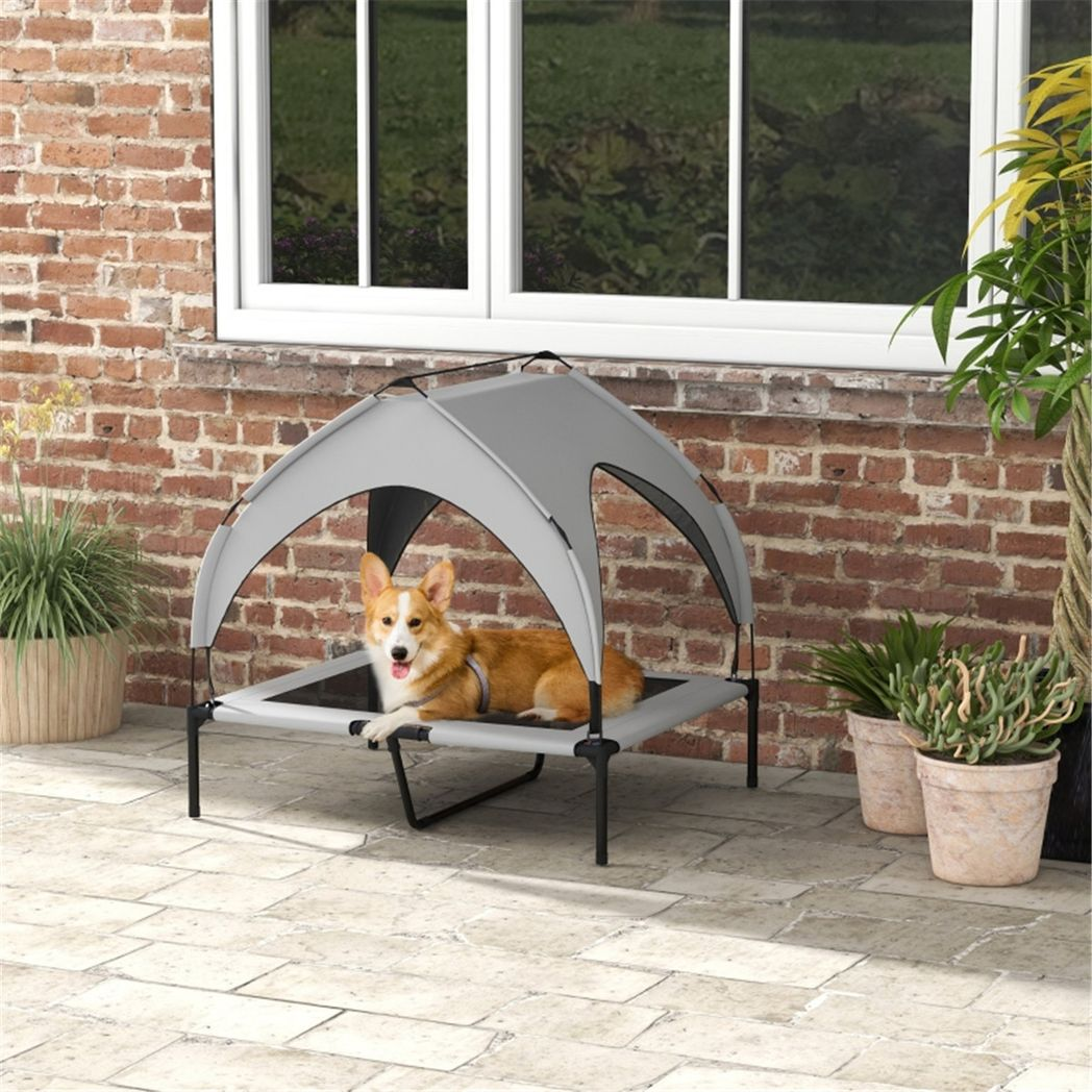 Elevated Pet Bed with Water-Resistant UV Canopy, Breathable Mesh & Travel Bag – Large Dogs, Light Grey
