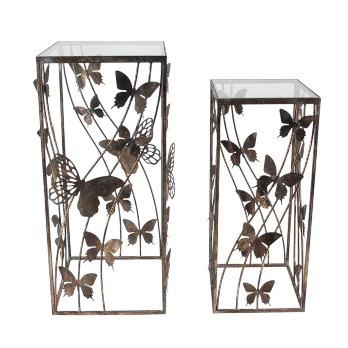 AcaciaHome Art Deco Gold Butterfly Nest of Tables – Square Metal Side Tables with Glass Tops, Gold Finish