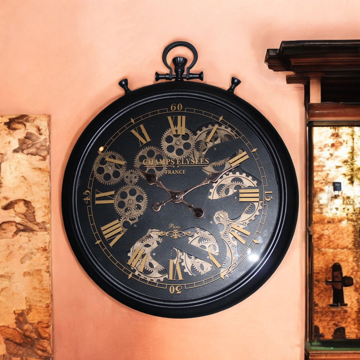 60cm Black & Gold Roman Numeral Wall Clock with Moving Gears – Large Statement Clock with Iron Frame