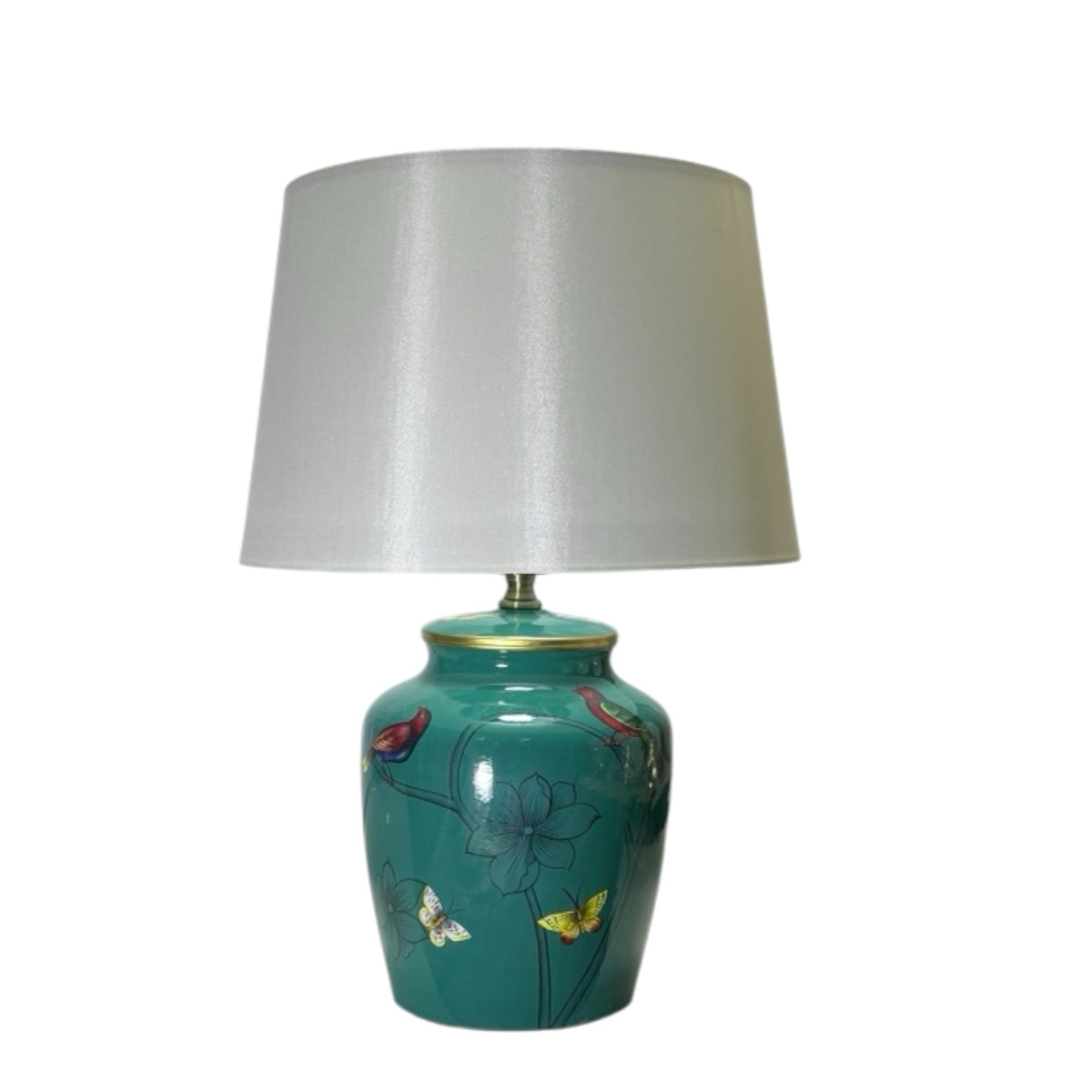 AcaciaHome 39cm Floral Ceramic Table Lamp with White Drum Shade – Corded Bedside Light for Bedroom, Study