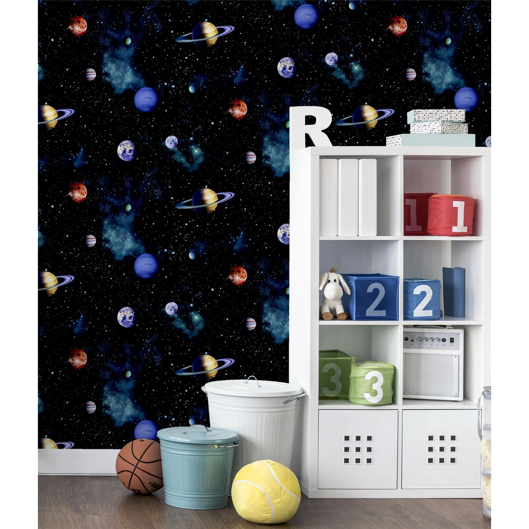 Arthouse Cosmos Space Wallpaper with Planets & Stars – 3D Photographic Effect Kids Room Covering, Charcoal