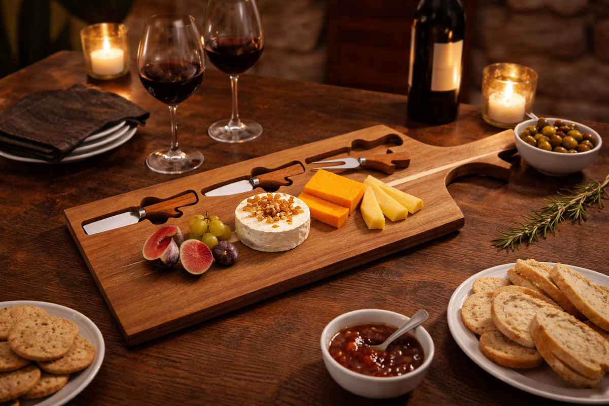 Wooden Cheese Board with Cheese Cutters – Serving Platter for Meals and Entertaining