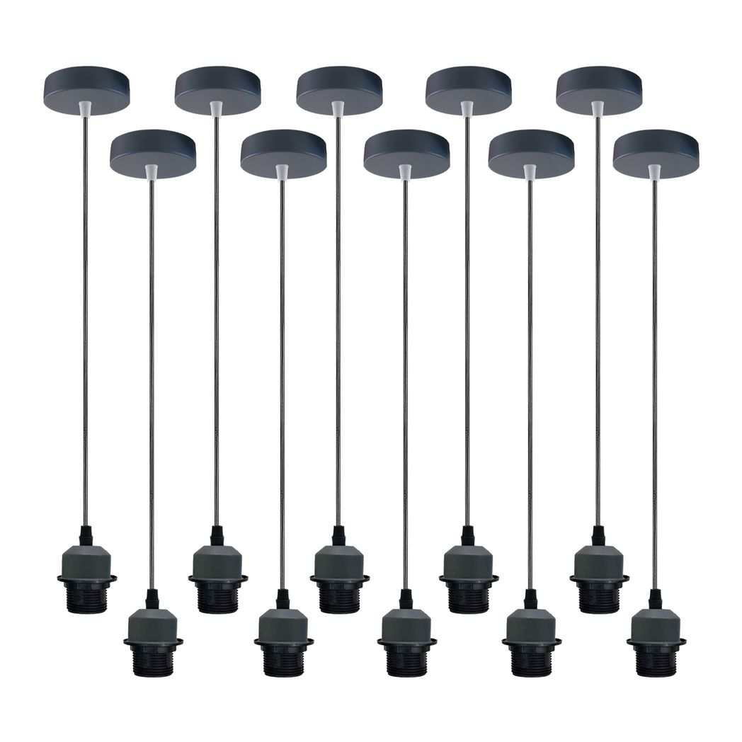 10 Pack Industrial Grey Pendant Light Holders with 95cm Cable – E27 Vintage Ceiling Fittings