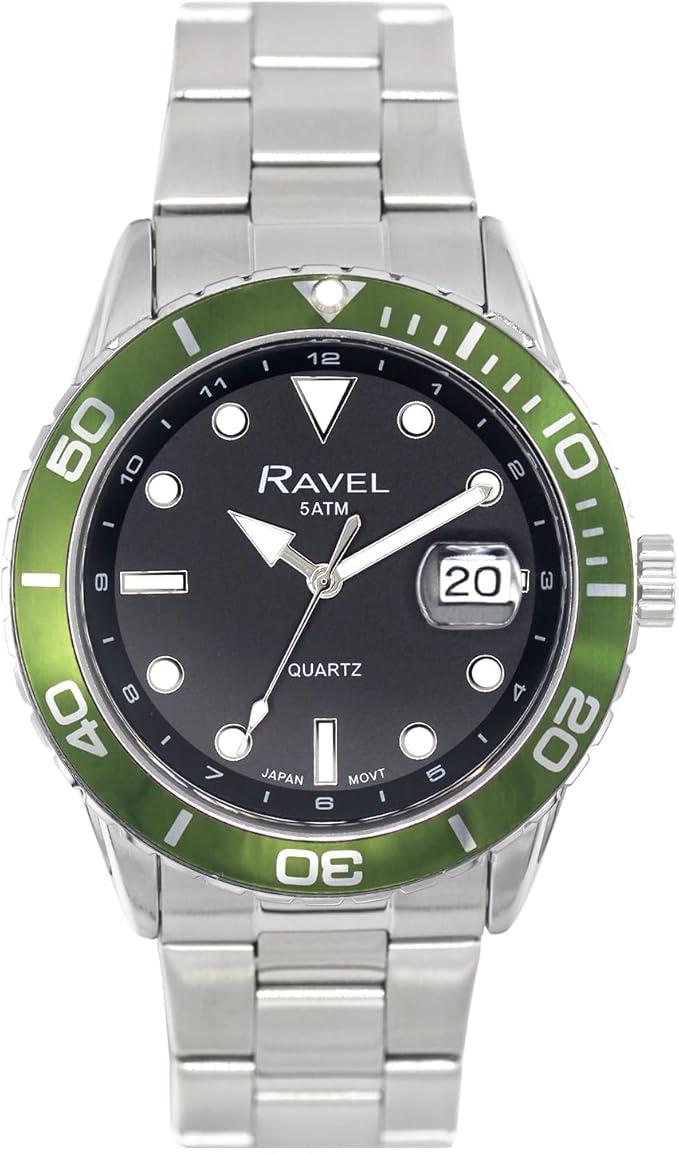 Ravel Mens Sports Watch – 42mm, 5ATM, Date Dial, Uni-Directional Bezel, Silver Plated Bracelet