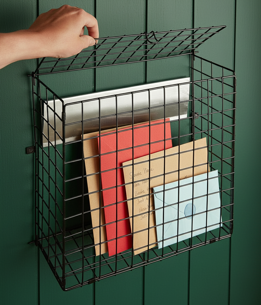 Avilo Metal Letter Cage for Front Door – Flip-Up Lid Mail Catcher Behind Letter Box