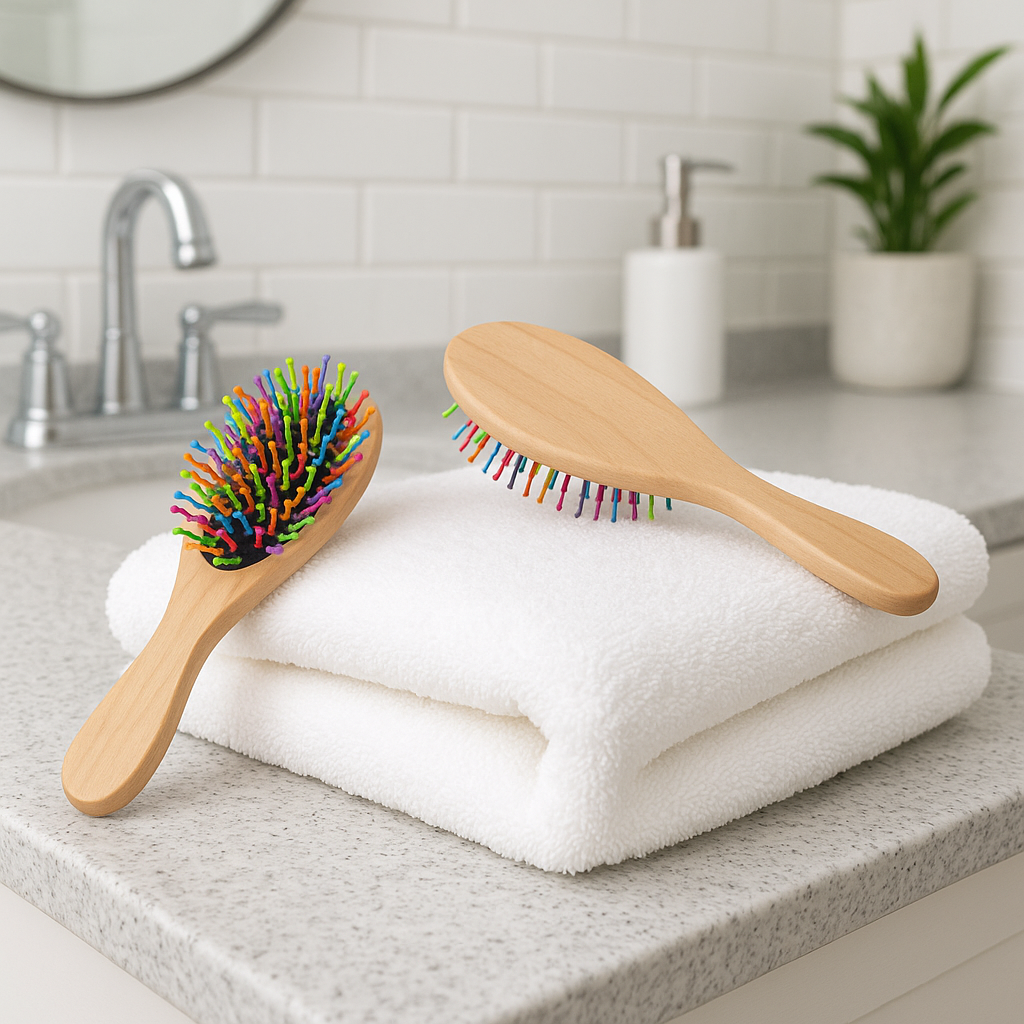 Set of 2 Wooden Hair Brushes with Soft Ball Tips – Scalp Massage and Volumising Detangling Brush