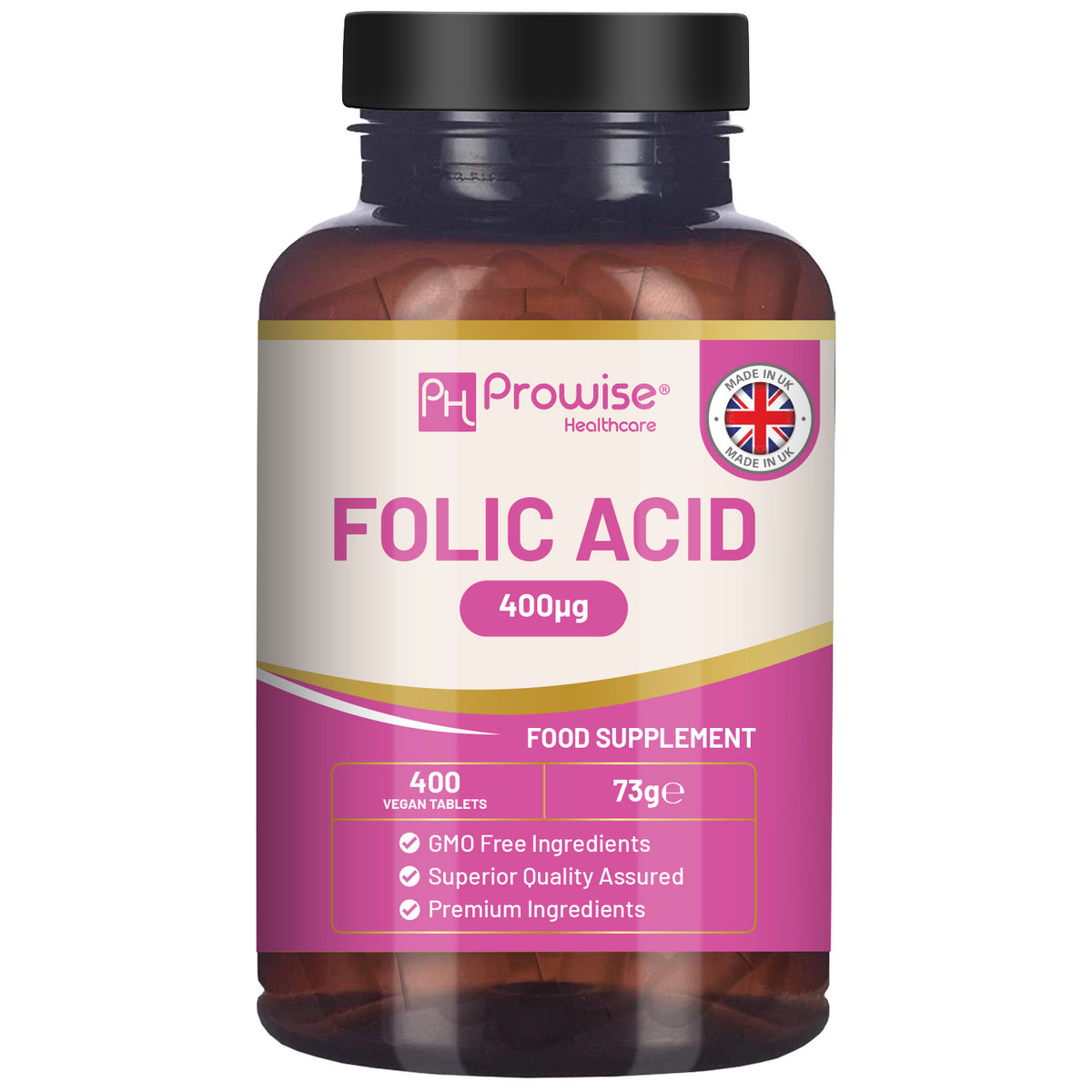 Prowise Folic Acid 400mcg Vitamin B9 Tablets – 400 Vegan Tablets, Over a Year's Supply, Made to GMP Guidelines