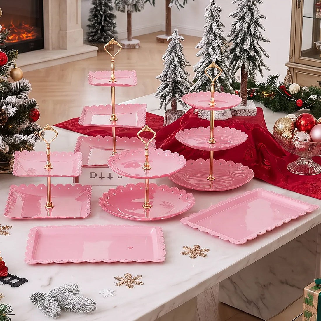 6-Piece Tiered Cake Stand Set for Afternoon Tea, Weddings & Parties – Embossed-Style Plastic Dessert Display, Pink
