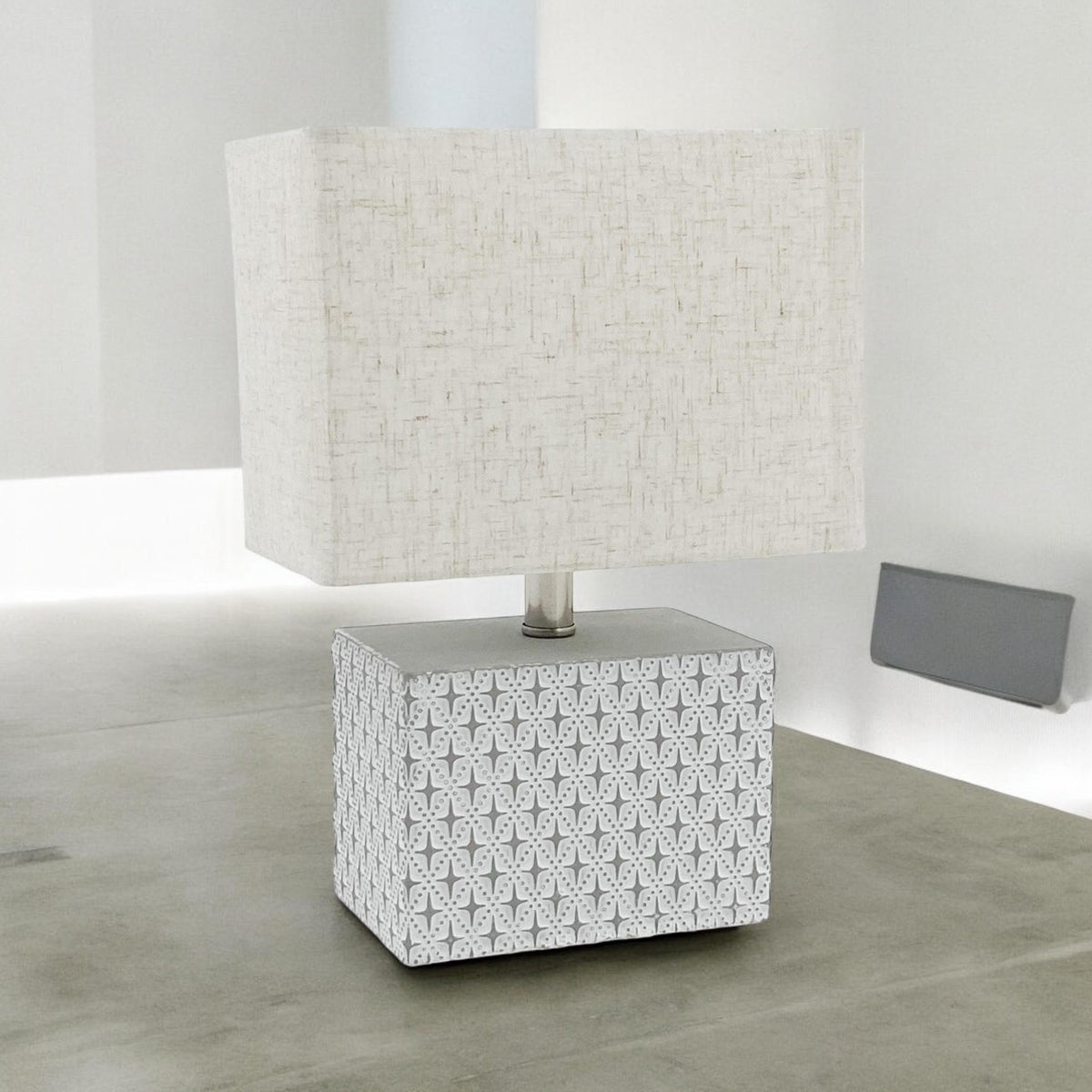 Cream Cement Table Lamp with Diamond Pattern Base & Empire Fabric Shade – Art Deco Style