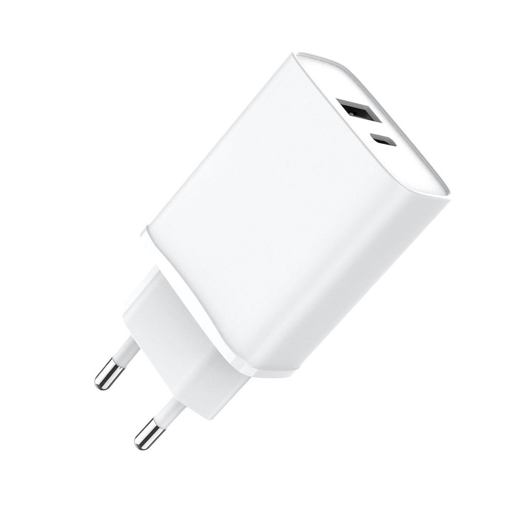 FX Dual EU Mains Charger with USB-C and USB-A Ports – Compact 2-Port Travel Plug, White
