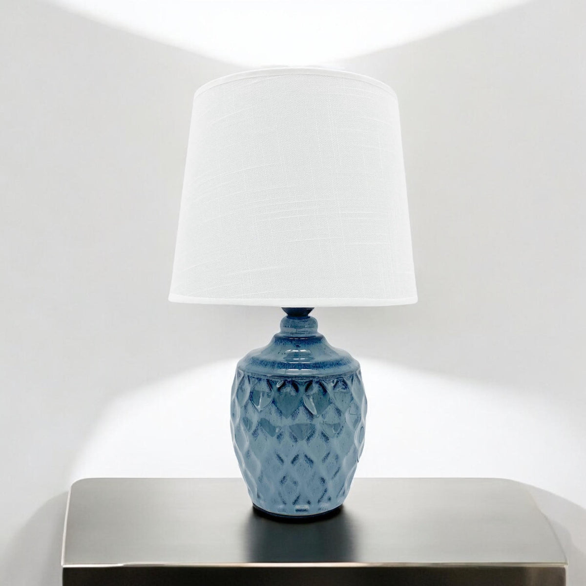 AcaciaHome 40cm Blue Ceramic Table Lamp with White Drum Shade – Corded 240V Home & Office Lighting
