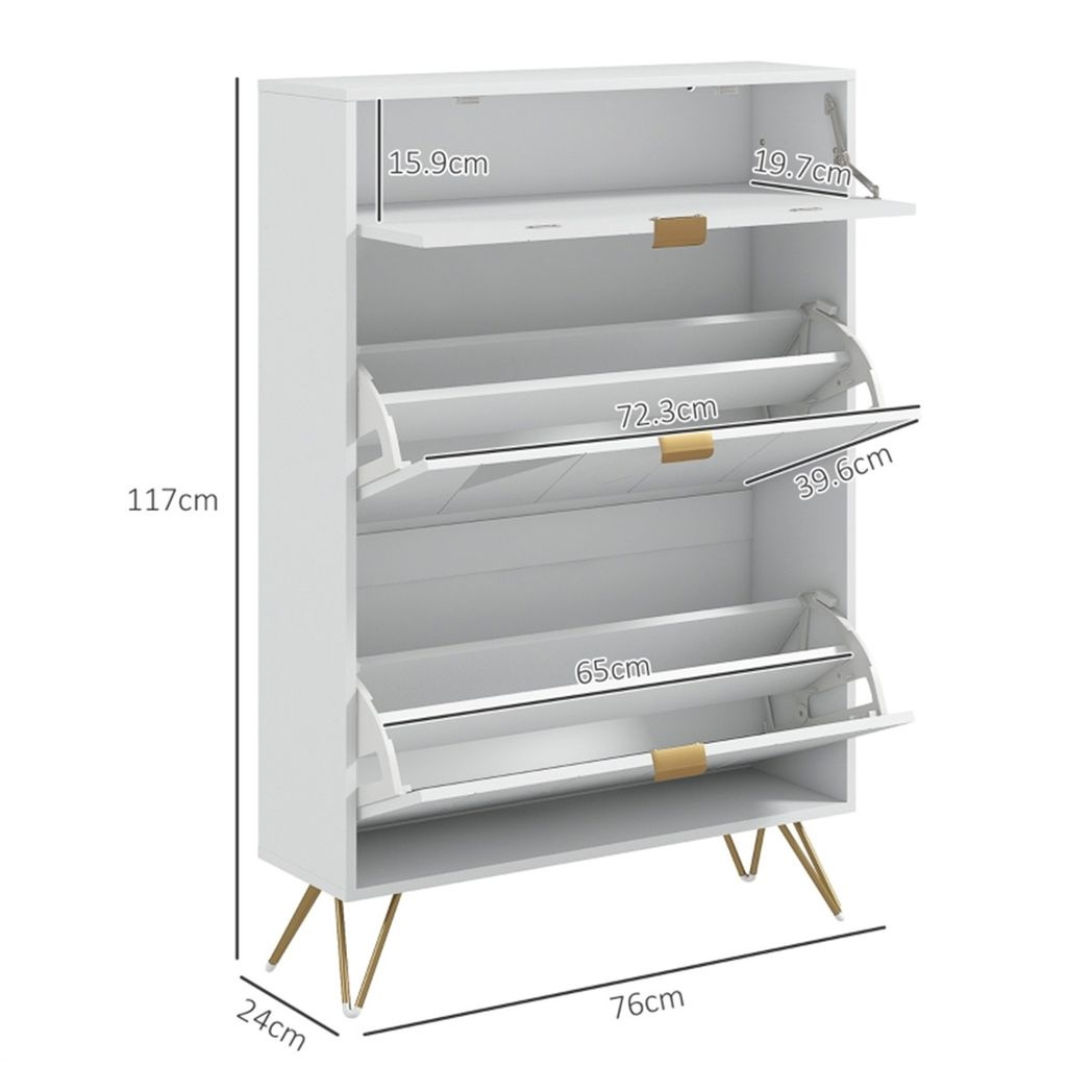 Narrow Shoe Storage Cabinet with 2 Flip Drawers & Top Drawer – Slim Shoe Cupboard for 12 Pairs, White