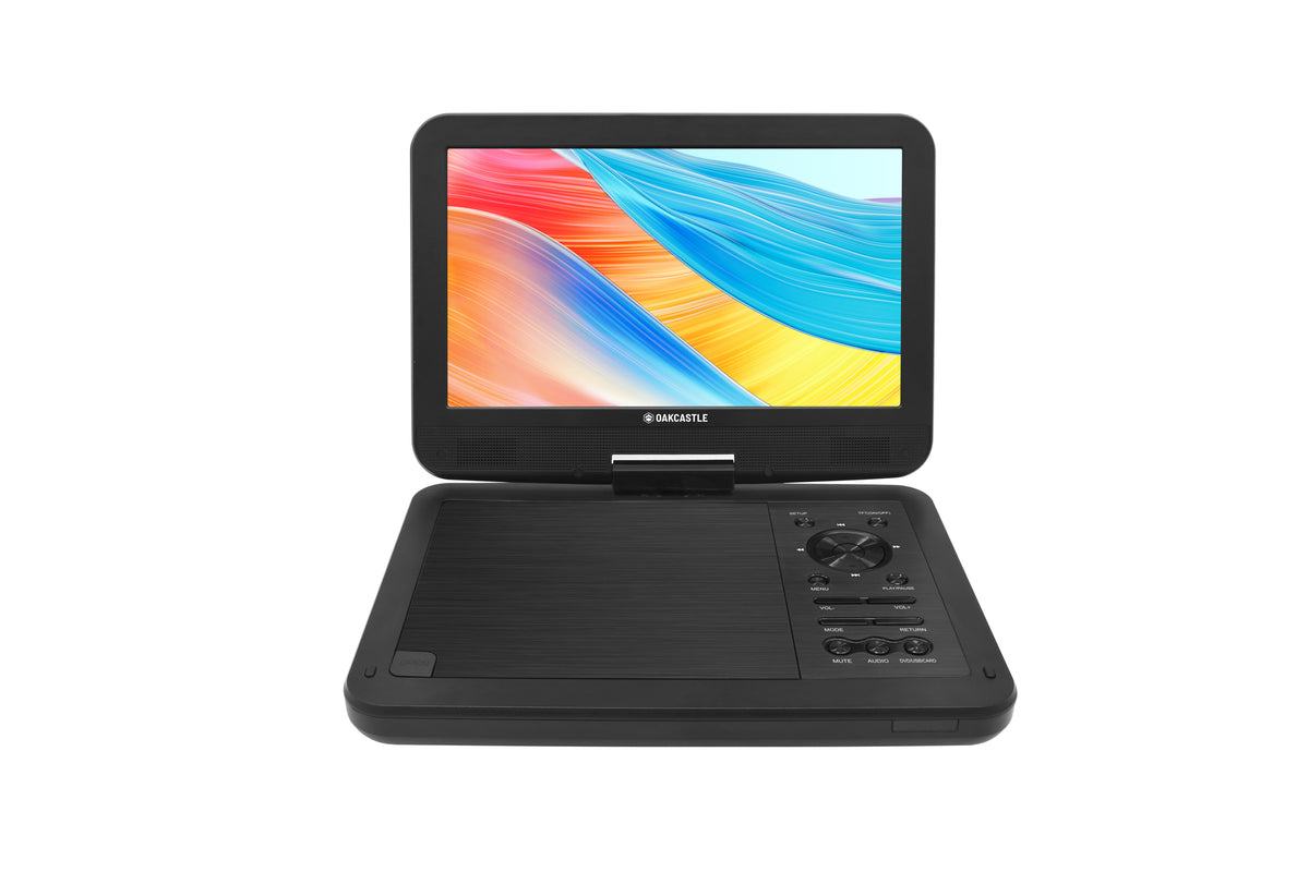 Oakcastle DVD120 Portable DVD Player with 10.5-Inch HD Swivel Screen – Rechargeable, Region Free, Car Powered