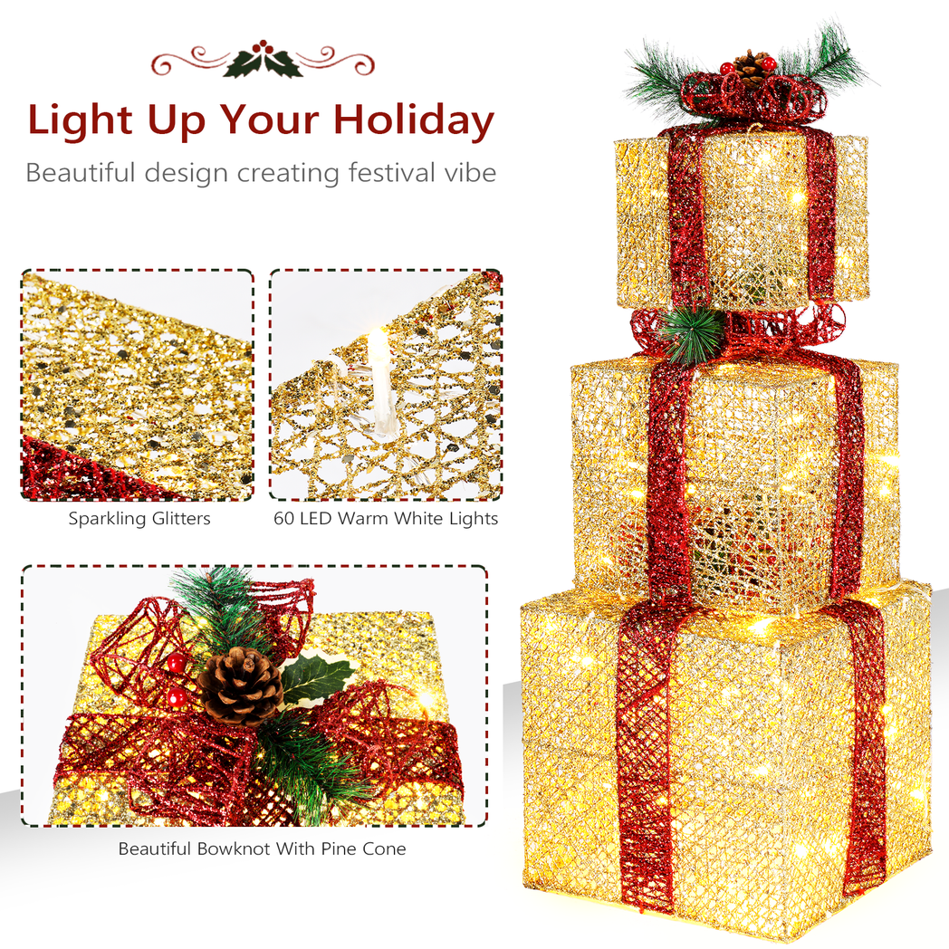 Set of 3 Golden Gift Box Christmas Decorations with Lights, 6, 8 and 10 Inch, 5M Cord – Indoor and Outdoor