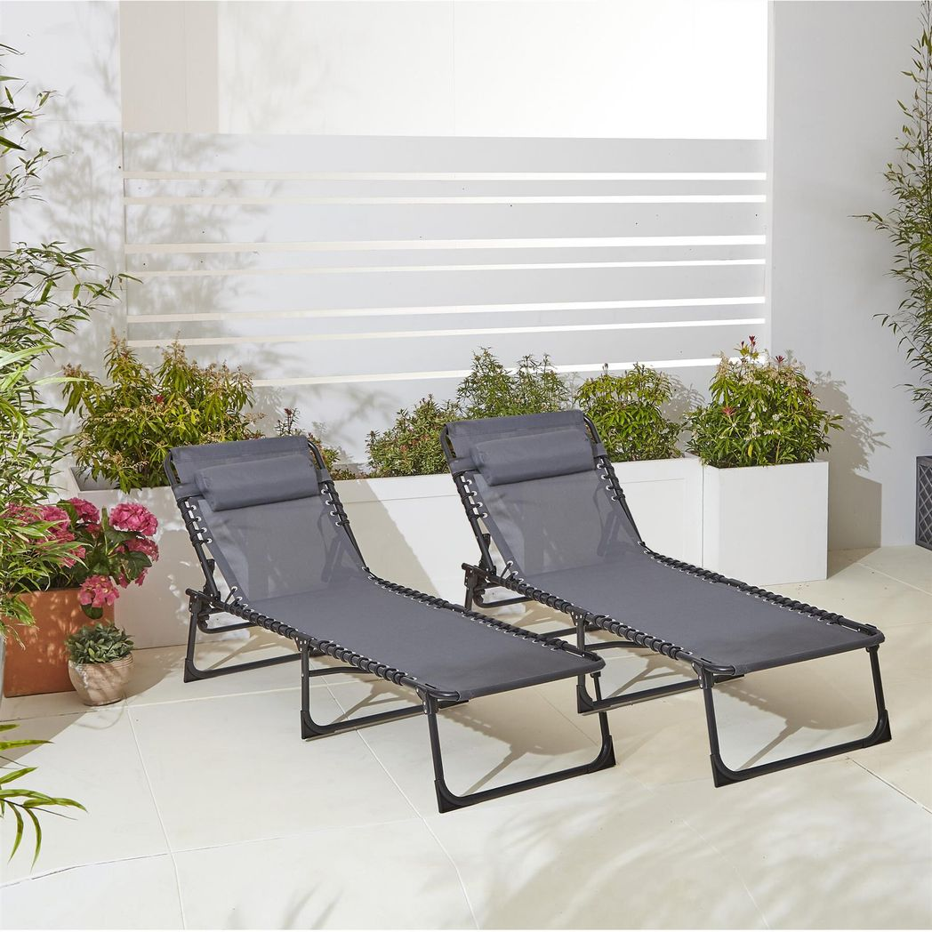 Neo Folding Sun Loungers – Set of 2, Adjustable Backrest, Mesh Seat, Grey