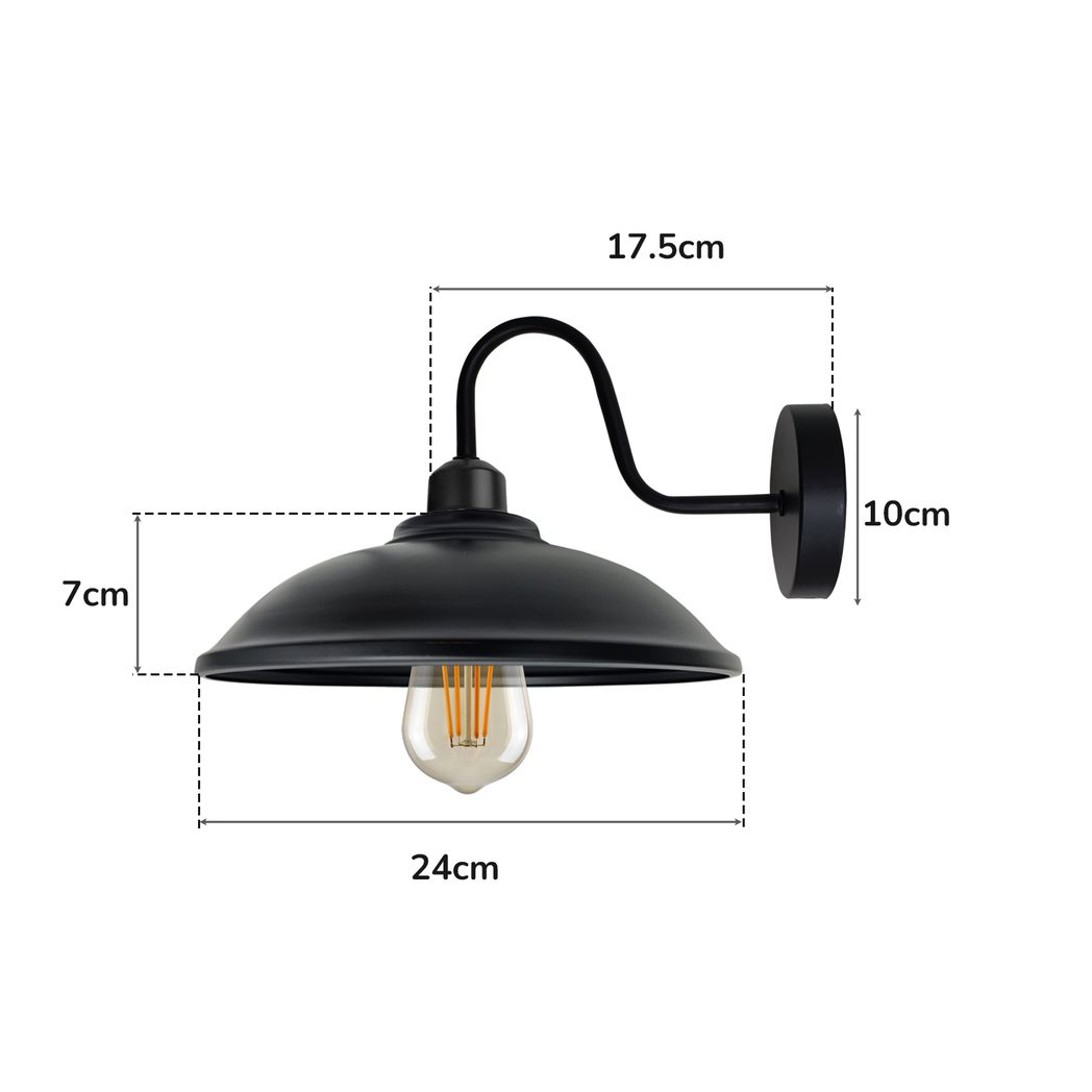 Vintage Hemisphere Wall Light with Swan Neck and E27 Socket – Dimmable Indoor Sconce, Black