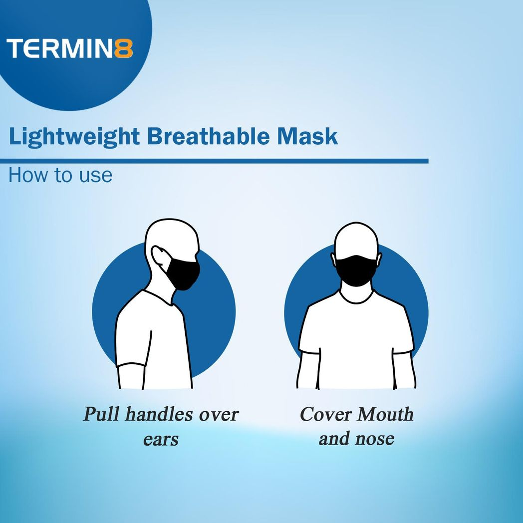Termin8 Triple Layer Reusable Cotton Face Mask with Filter Pocket and Nose Clip – Machine Washable, Black